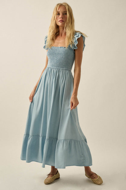 Chambray Sky Denim Smocked Ruffle Midi Dress