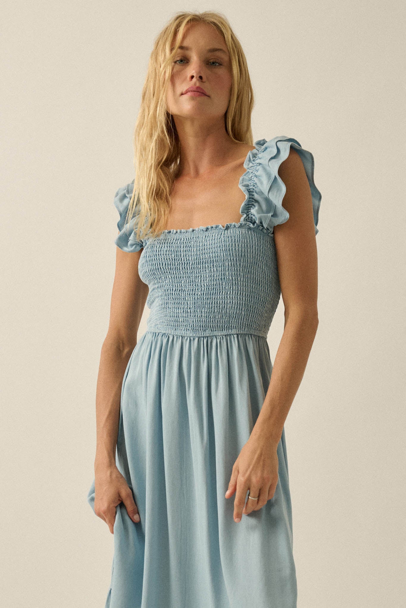 Chambray Sky Denim Smocked Ruffle Midi Dress