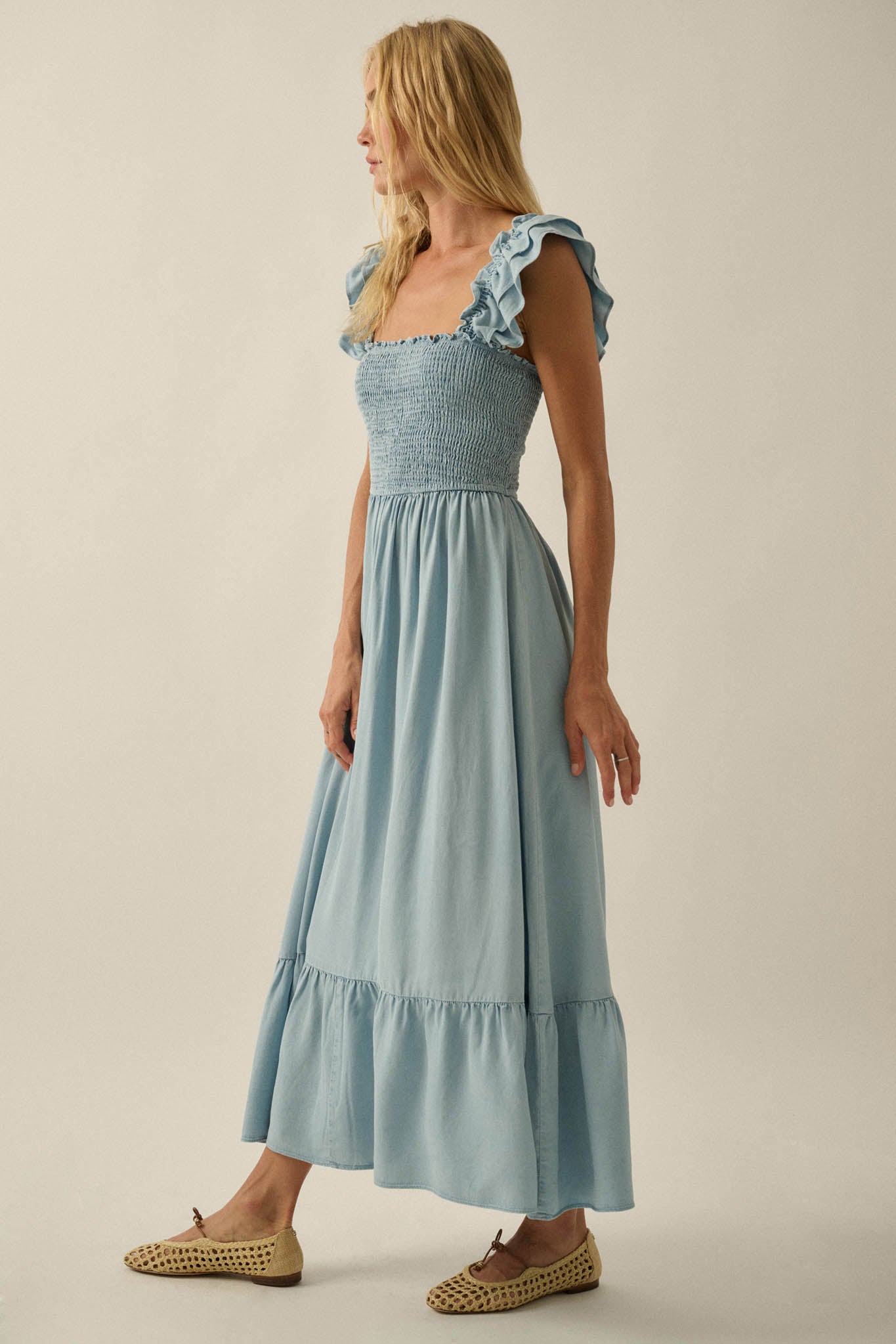 Chambray Sky Denim Smocked Ruffle Midi Dress