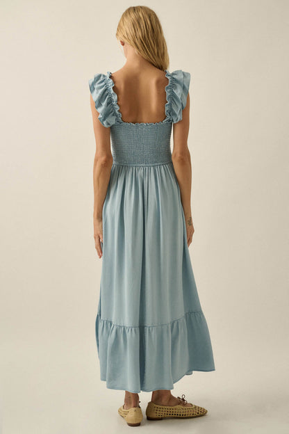 Chambray Sky Denim Smocked Ruffle Midi Dress