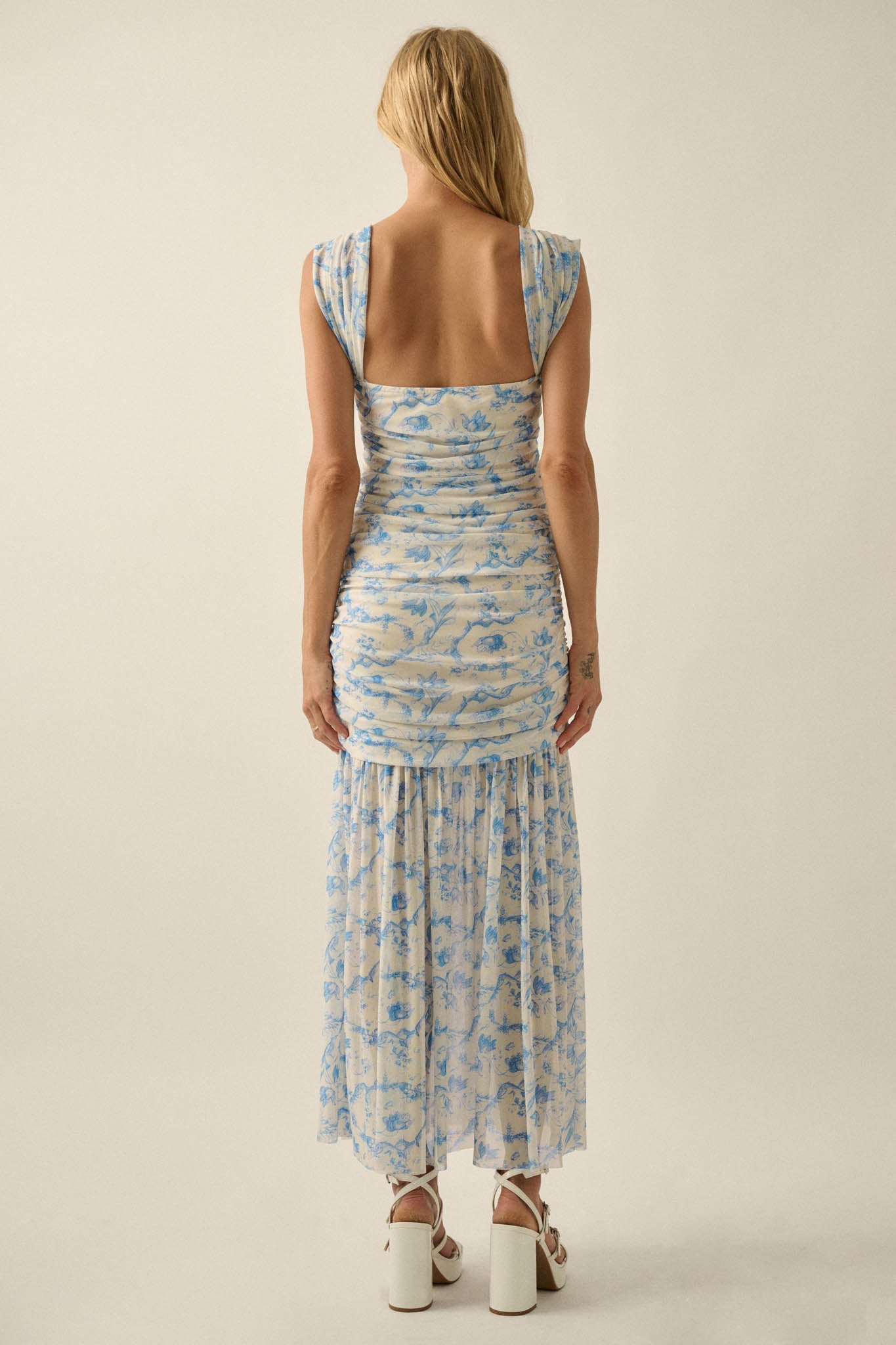 Belle Fleur Floral Mesh Ruched Sweetheart Maxi Dress