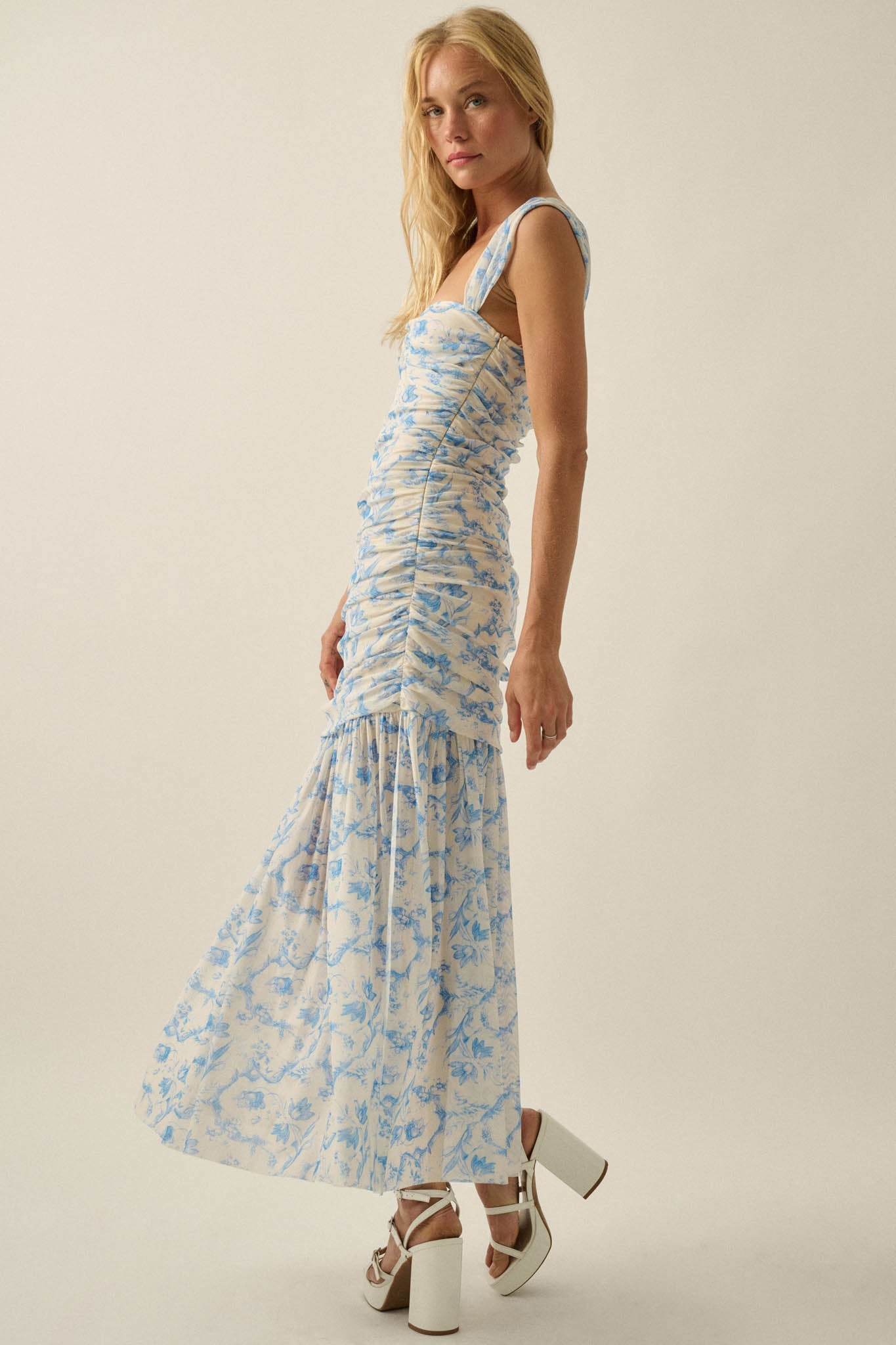 Belle Fleur Floral Mesh Ruched Sweetheart Maxi Dress