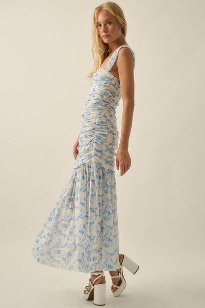 Belle Fleur Floral Mesh Ruched Sweetheart Maxi Dress
