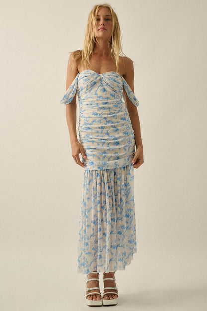 Belle Fleur Floral Mesh Ruched Sweetheart Maxi Dress