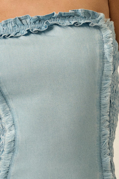 Blue Crush Denim Ruffled Strapless Mini Dress