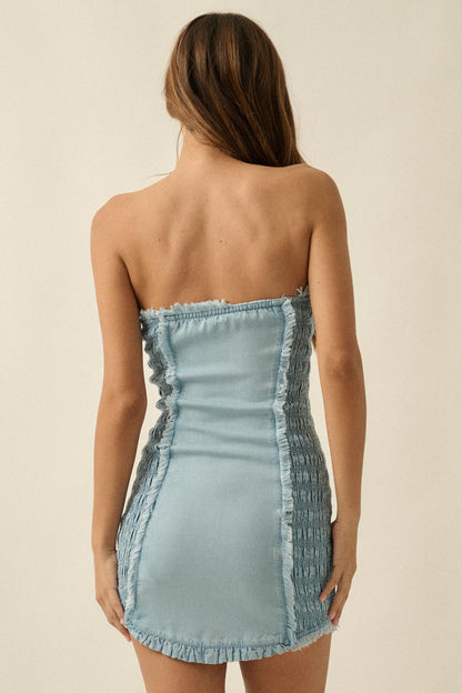 Blue Crush Denim Ruffled Strapless Mini Dress