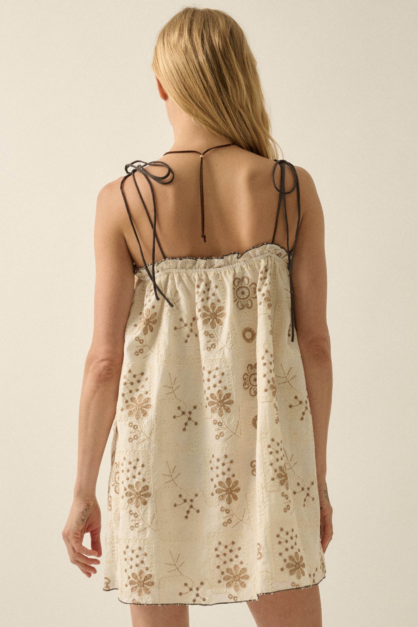Folk Flowers Floral-Embroidered Babydoll Mini Dress