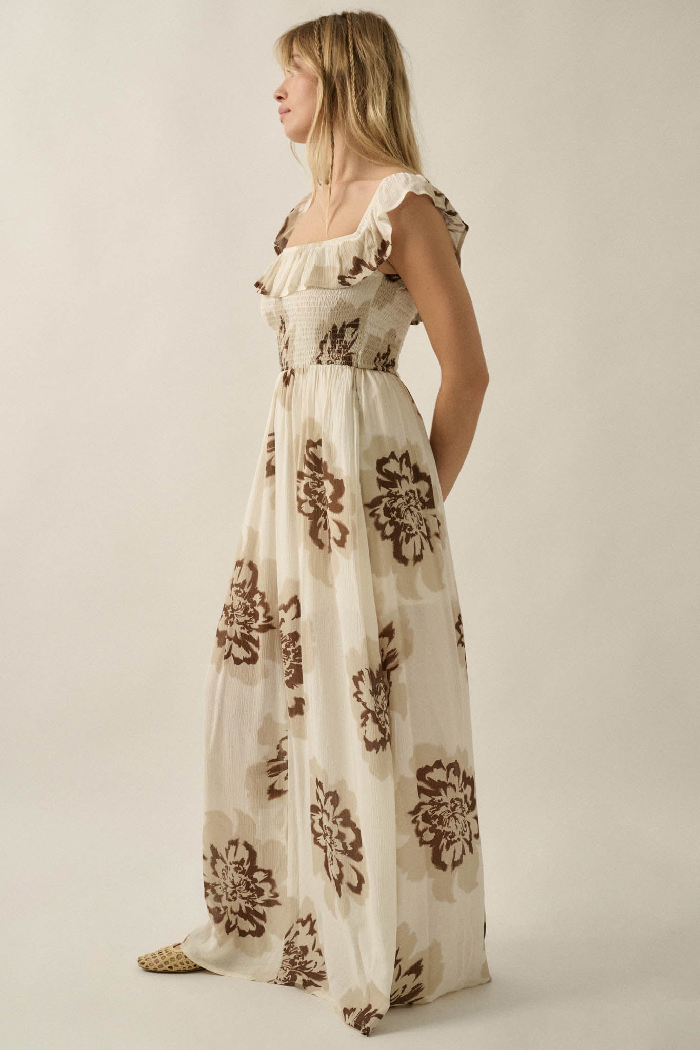 Blooming Up Floral Smocked Ruffle Maxi Dress