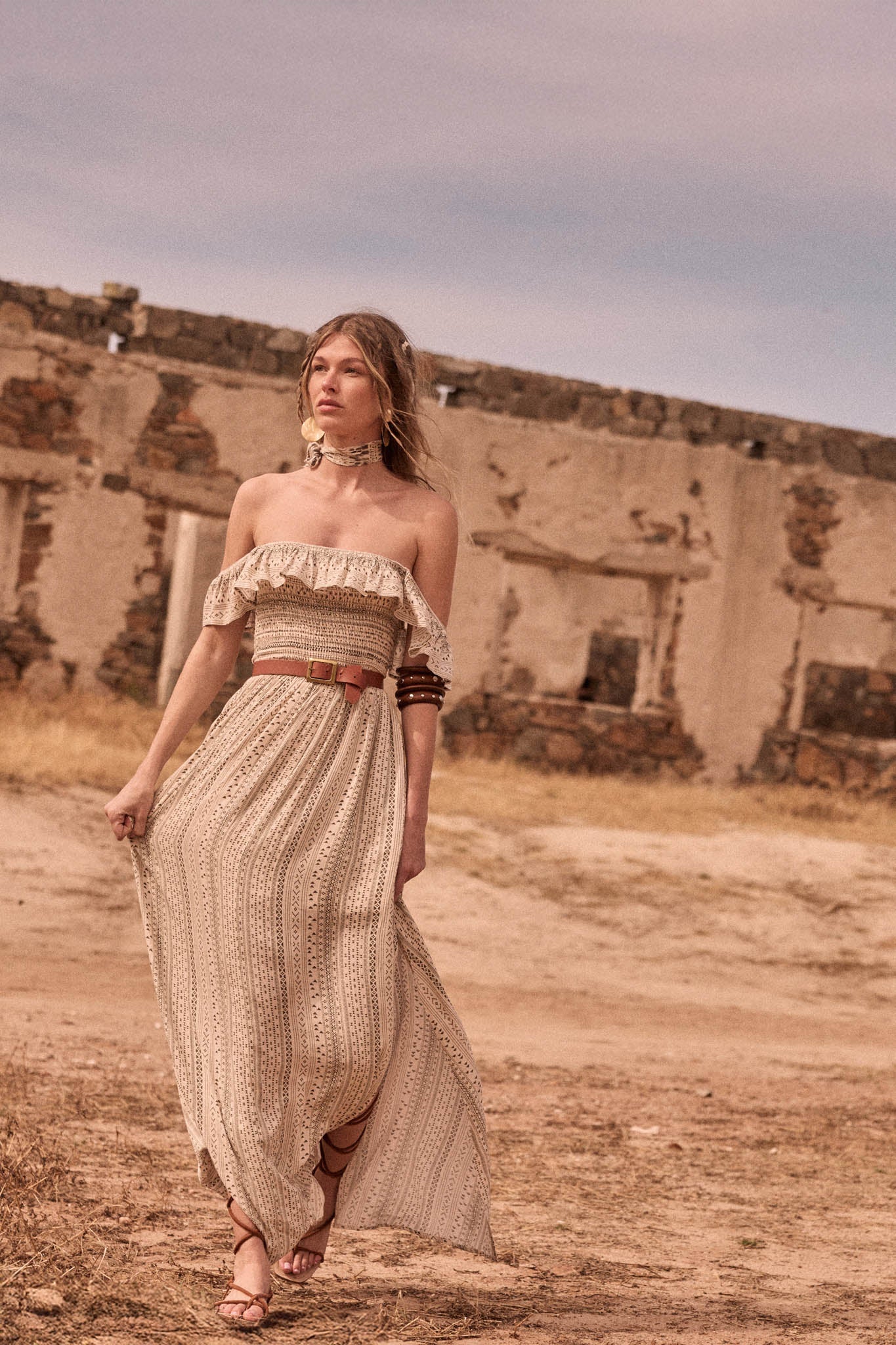 Adventure Begins Geo-Print Off-Shoulder Maxi Dress
