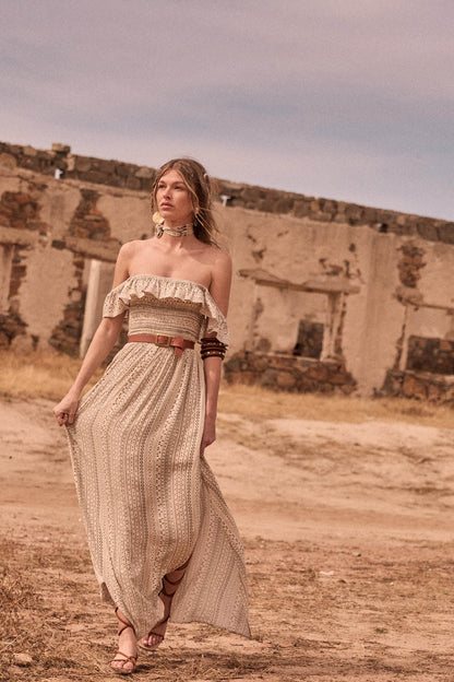 Adventure Begins Geo-Print Off-Shoulder Maxi Dress