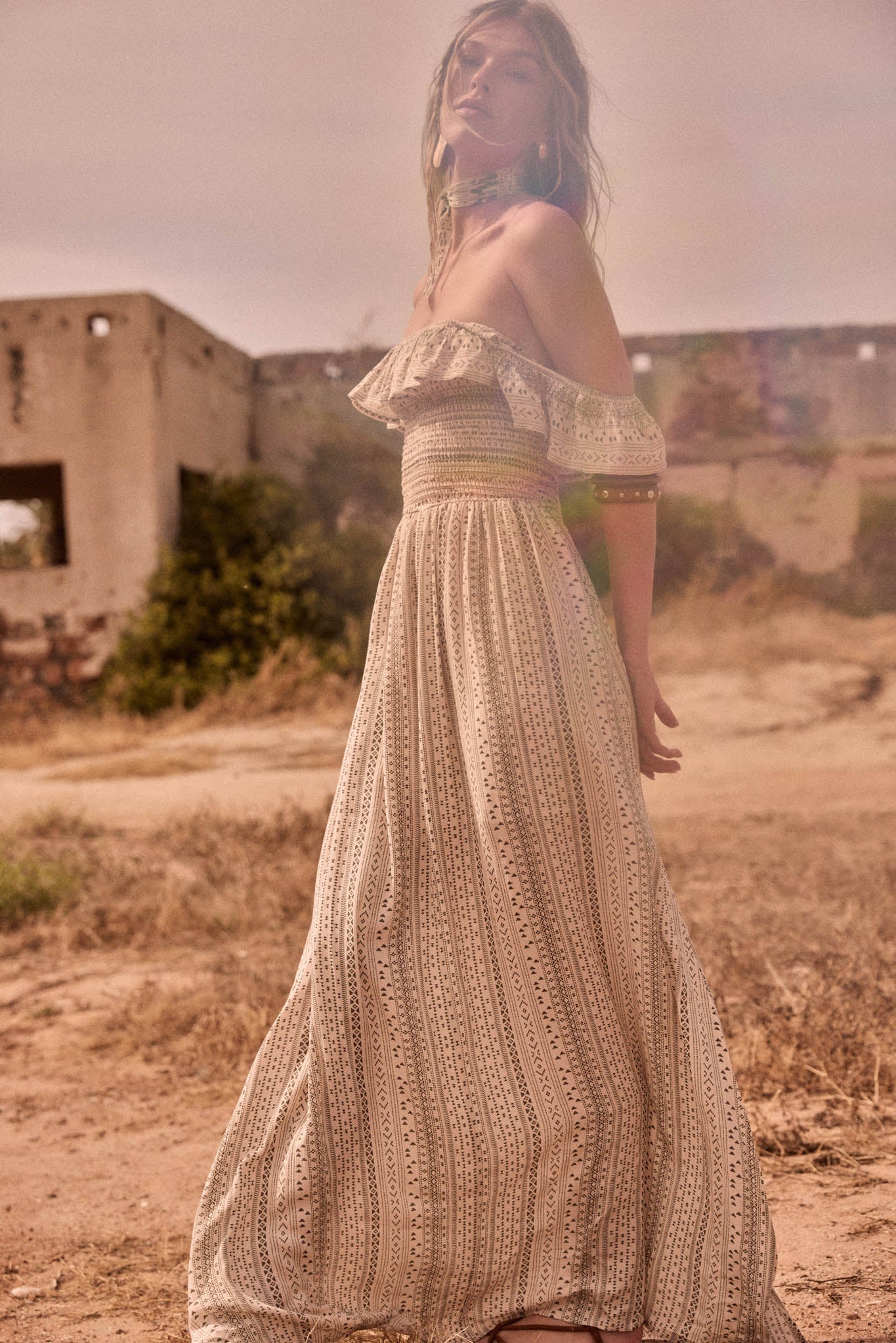 Adventure Begins Geo-Print Off-Shoulder Maxi Dress