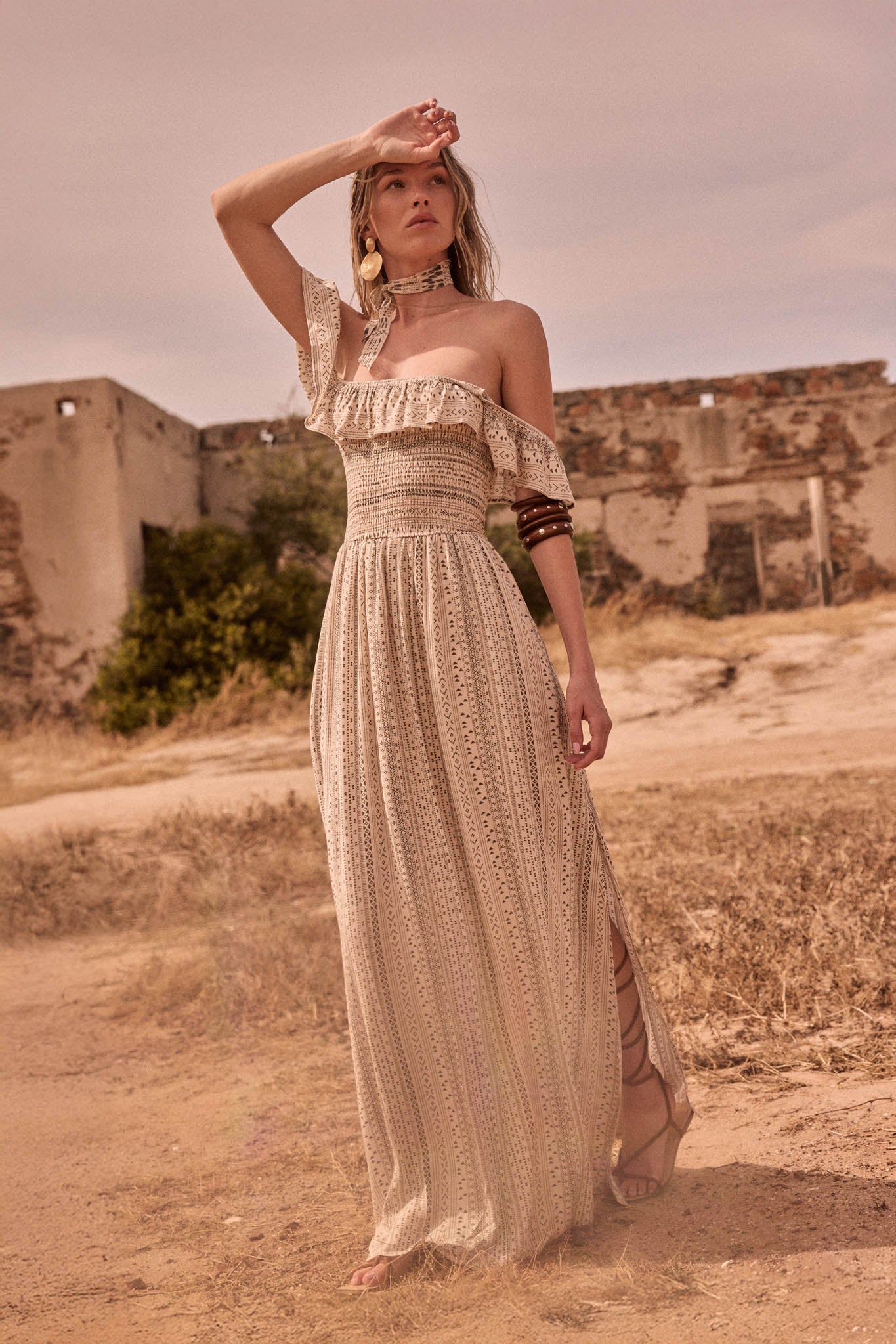 Adventure Begins Geo-Print Off-Shoulder Maxi Dress