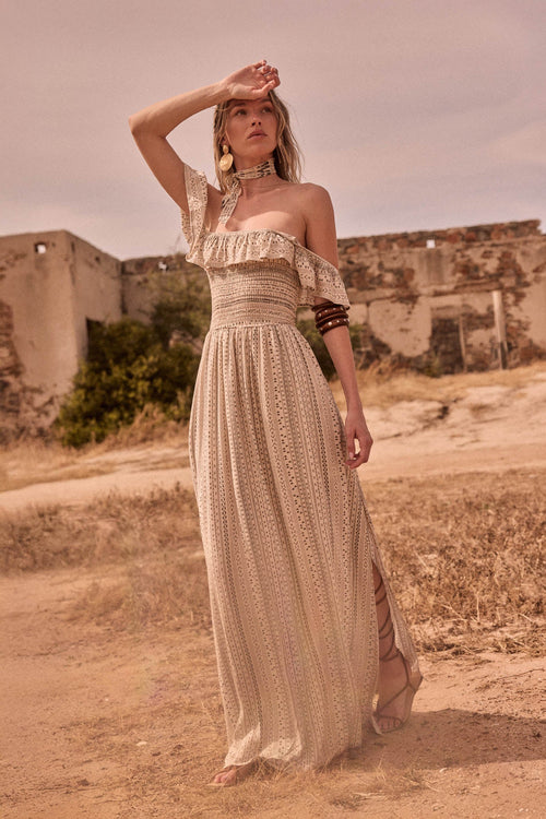 Adventure Begins Geo-Print Off-Shoulder Maxi Dress