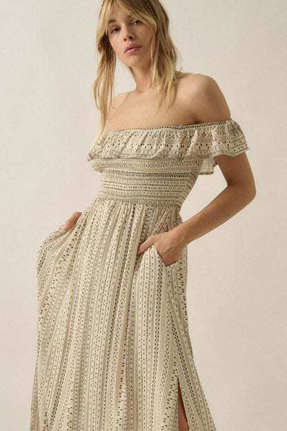 Adventure Begins Geo-Print Off-Shoulder Maxi Dress
