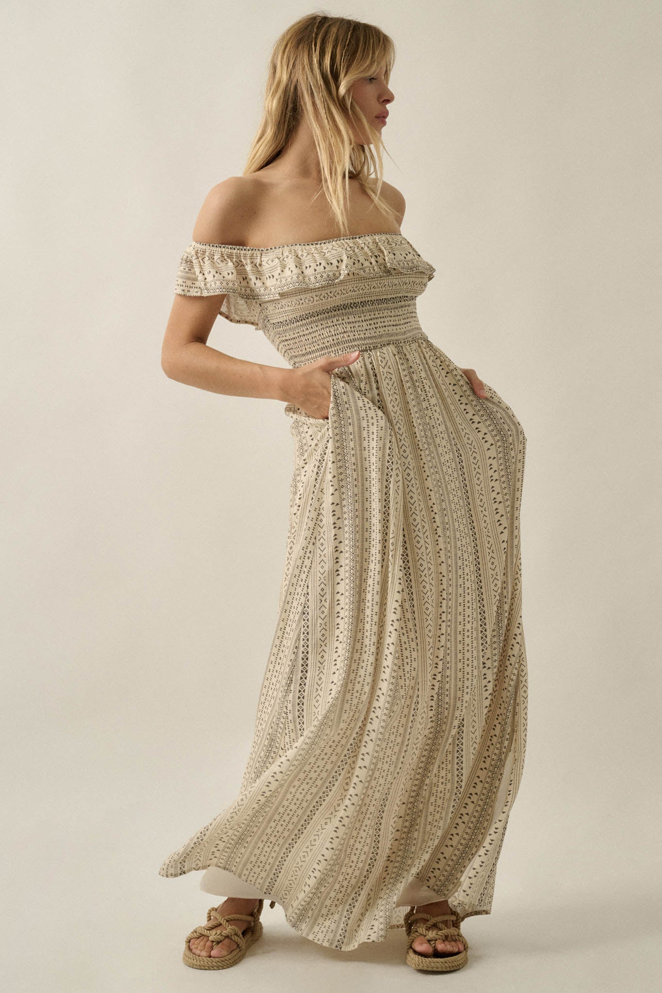 Adventure Begins Geo-Print Off-Shoulder Maxi Dress