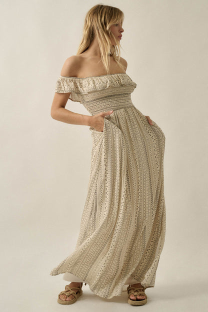 Adventure Begins Geo-Print Off-Shoulder Maxi Dress
