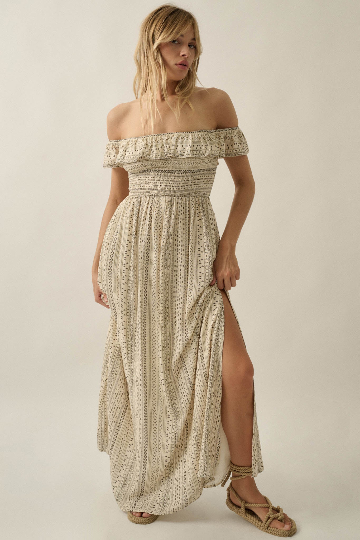 Adventure Begins Geo-Print Off-Shoulder Maxi Dress