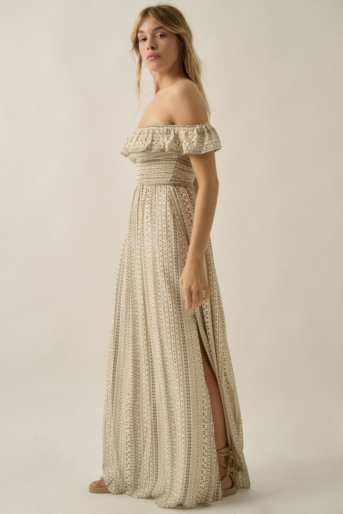 Adventure Begins Geo-Print Off-Shoulder Maxi Dress