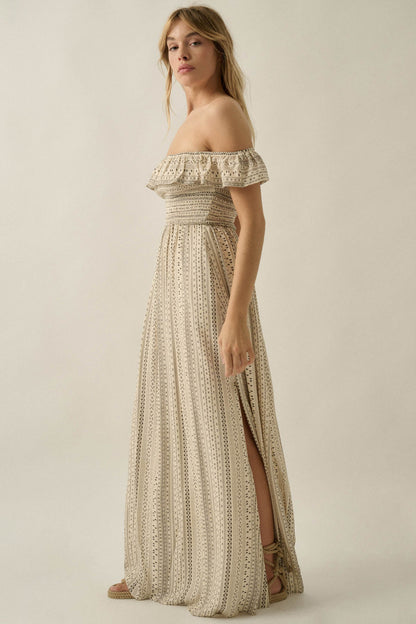 Adventure Begins Geo-Print Off-Shoulder Maxi Dress
