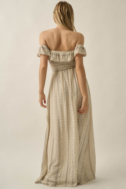 Adventure Begins Geo-Print Off-Shoulder Maxi Dress