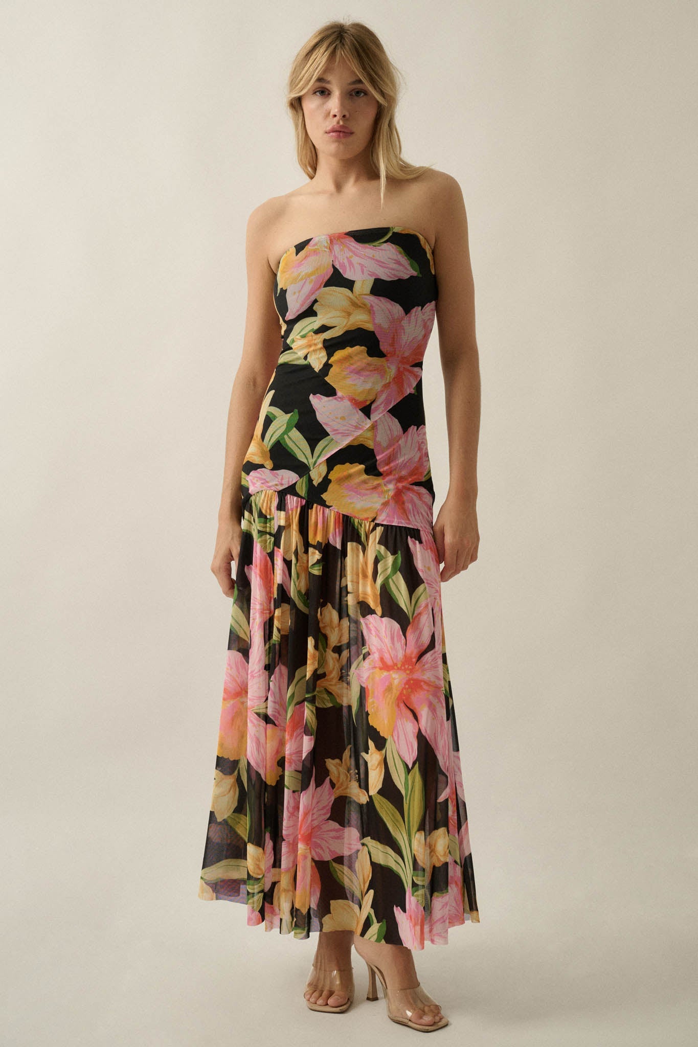 Opulent Blossoms Floral Mesh Strapless Maxi Dress