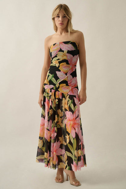 Opulent Blossoms Floral Mesh Strapless Maxi Dress
