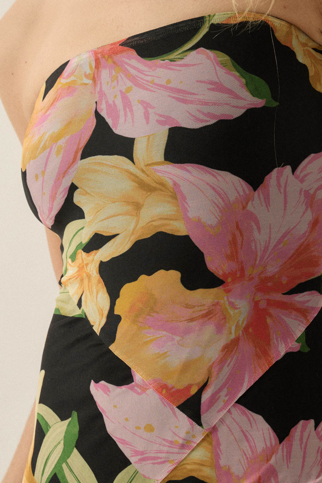Opulent Blossoms Floral Mesh Strapless Maxi Dress