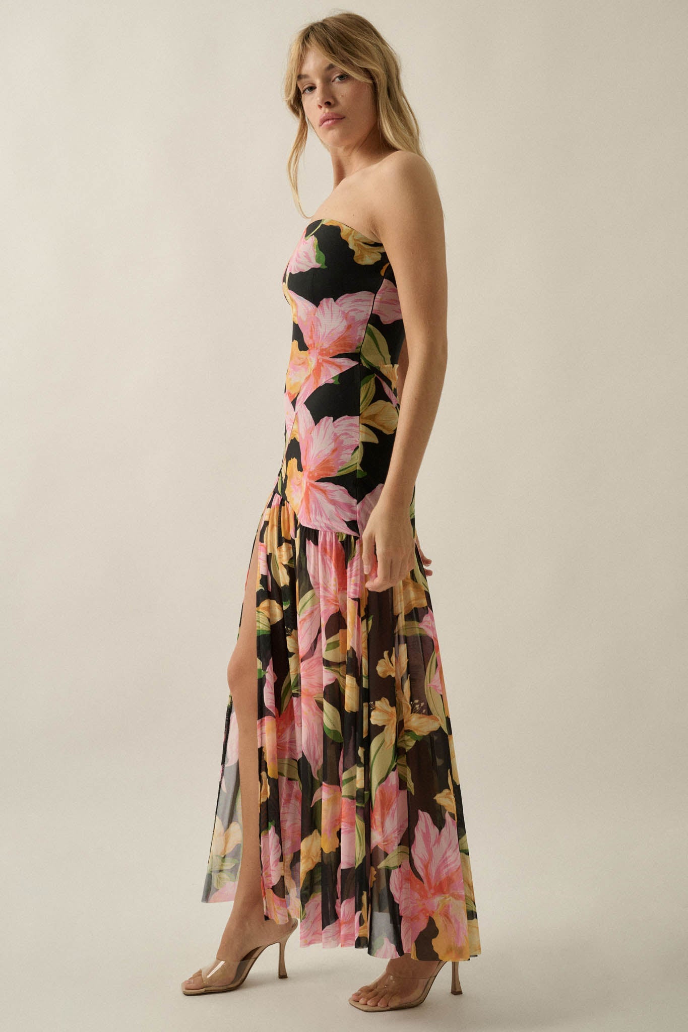 Opulent Blossoms Floral Mesh Strapless Maxi Dress