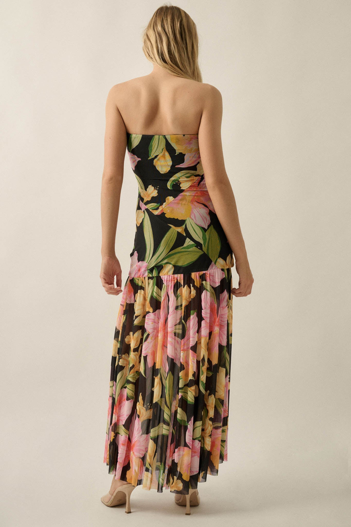 Opulent Blossoms Floral Mesh Strapless Maxi Dress