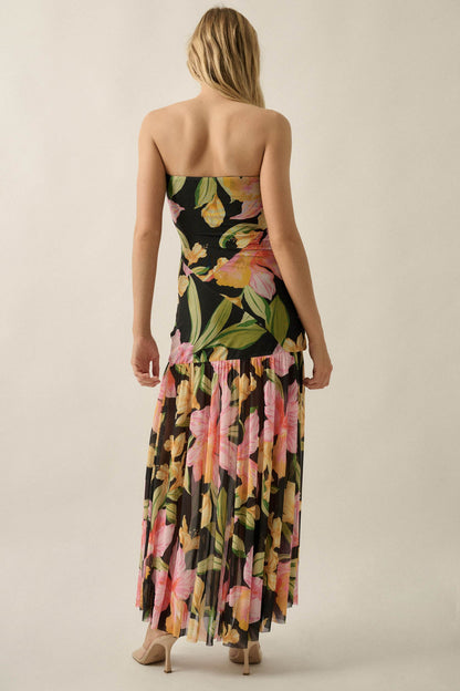 Opulent Blossoms Floral Mesh Strapless Maxi Dress