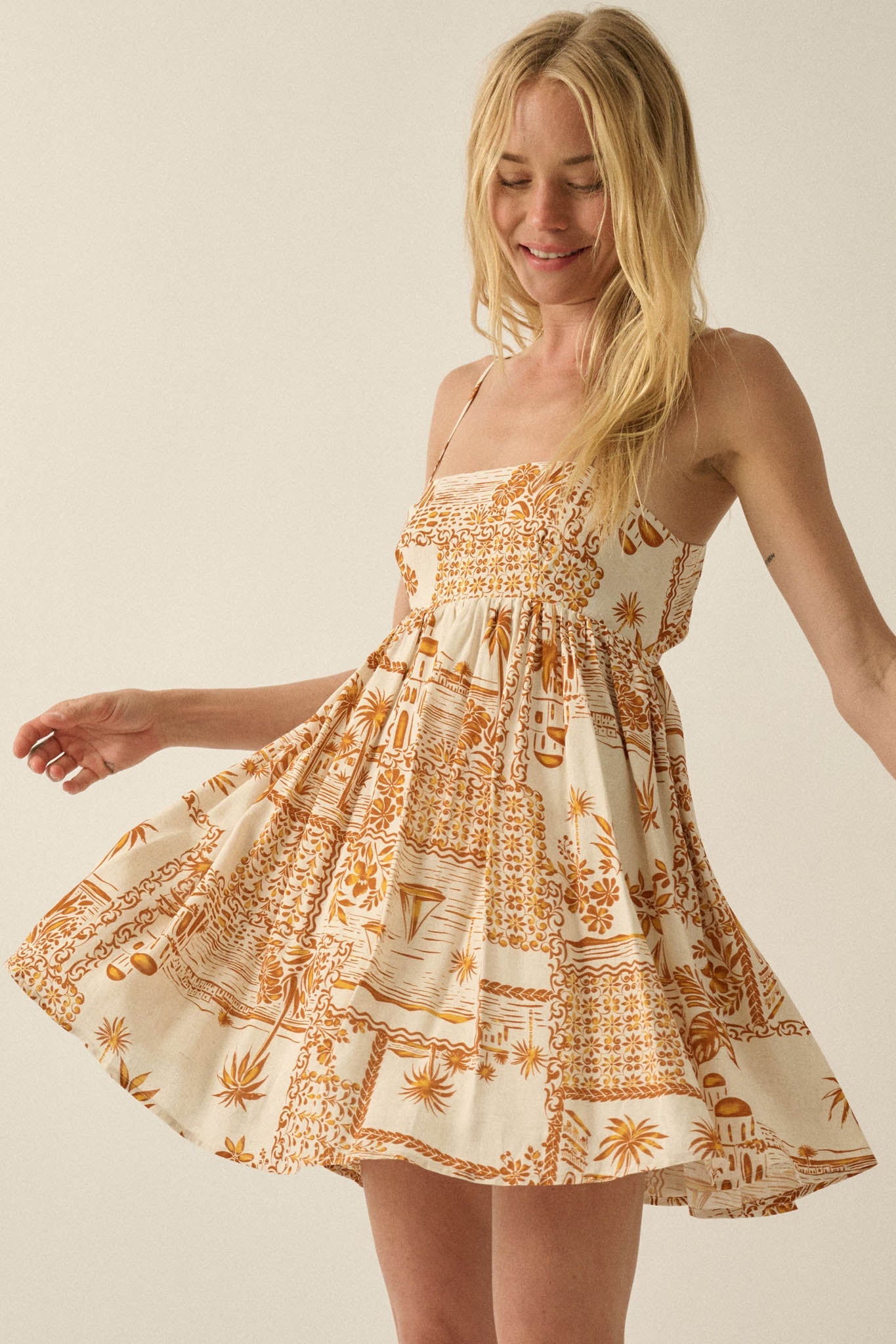Island Girl Tropical-Print Babydoll Mini Dress