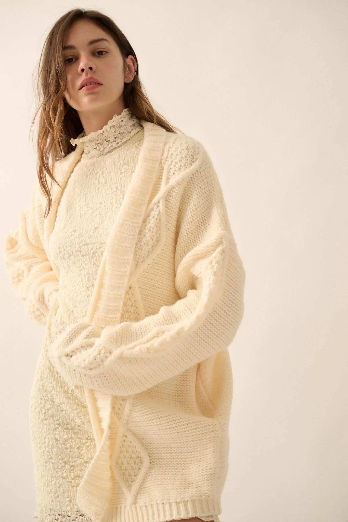 Diamond Hill Open-Front Cable Knit Pocket Cardigan