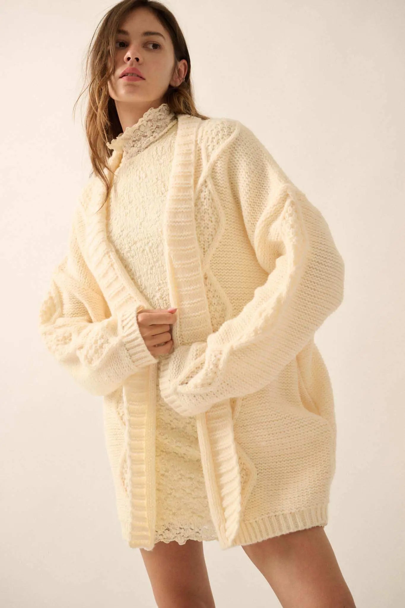 Diamond Hill Open-Front Cable Knit Pocket Cardigan