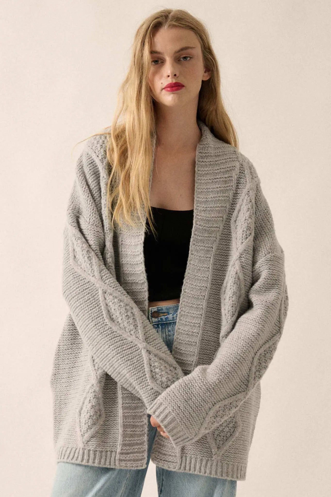 Diamond Hill Open-Front Cable Knit Pocket Cardigan