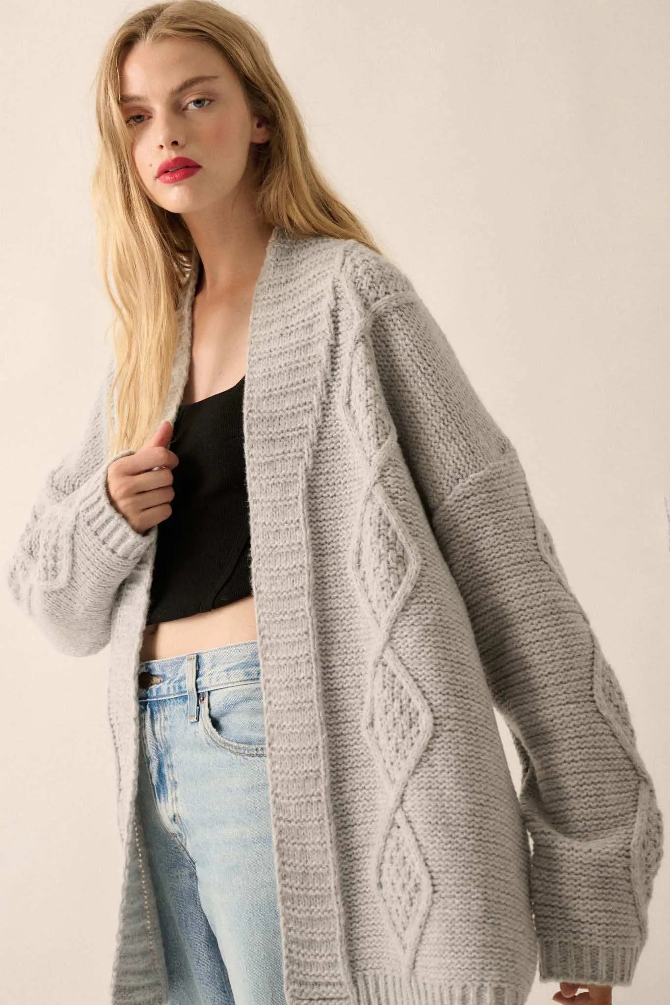 Diamond Hill Open-Front Cable Knit Pocket Cardigan