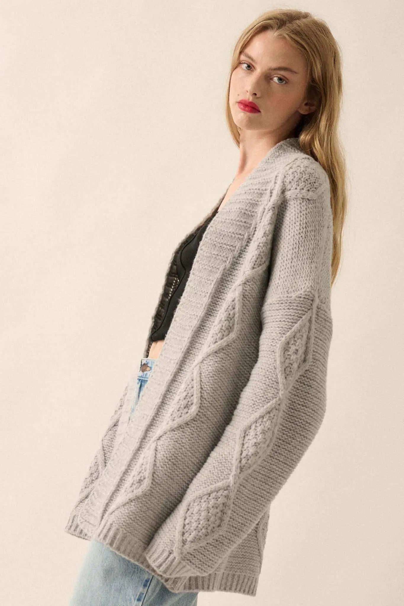 Diamond Hill Open-Front Cable Knit Pocket Cardigan