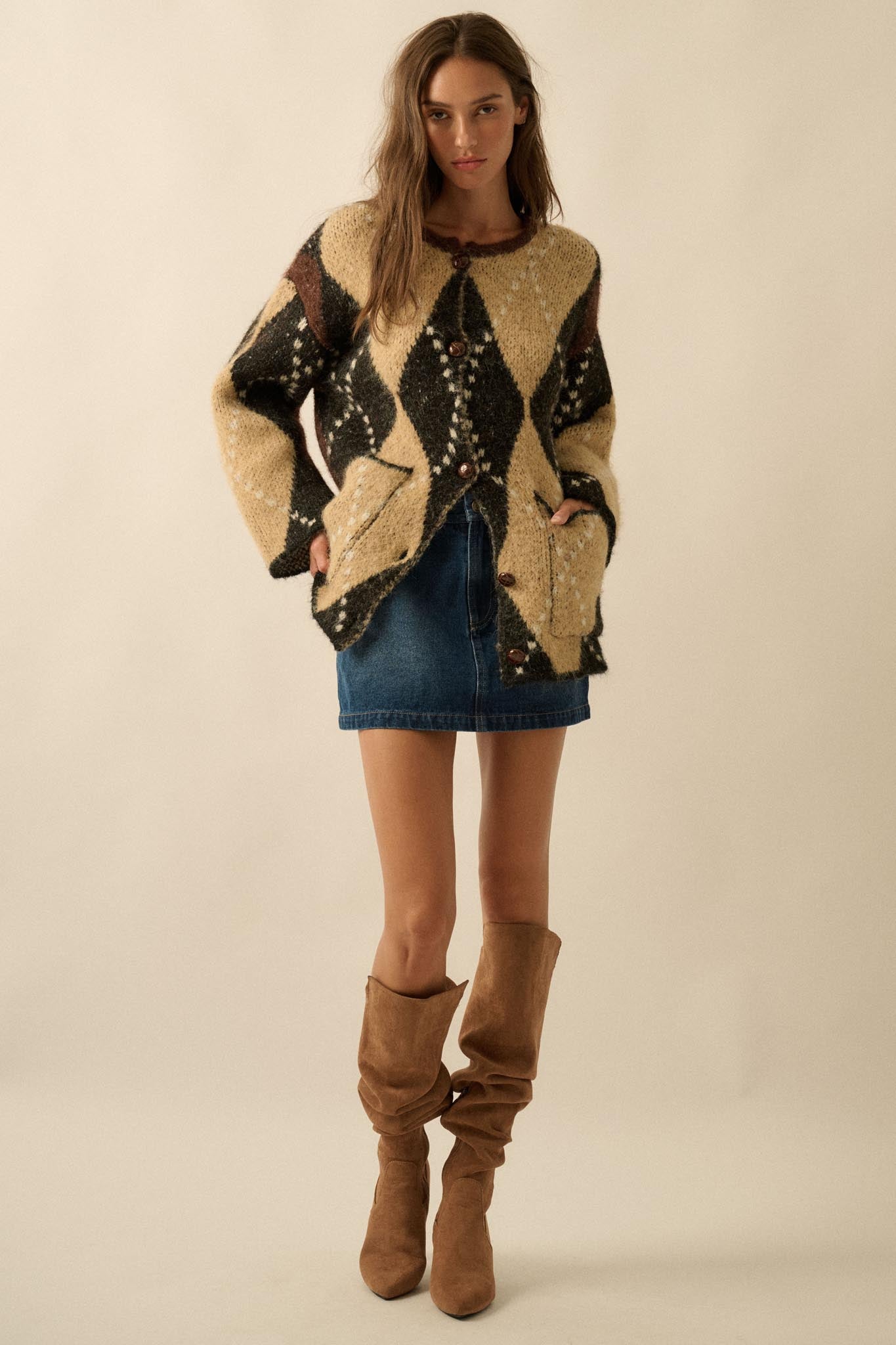 Cross Country Fuzzy-Knit Argyle Pocket Cardigan