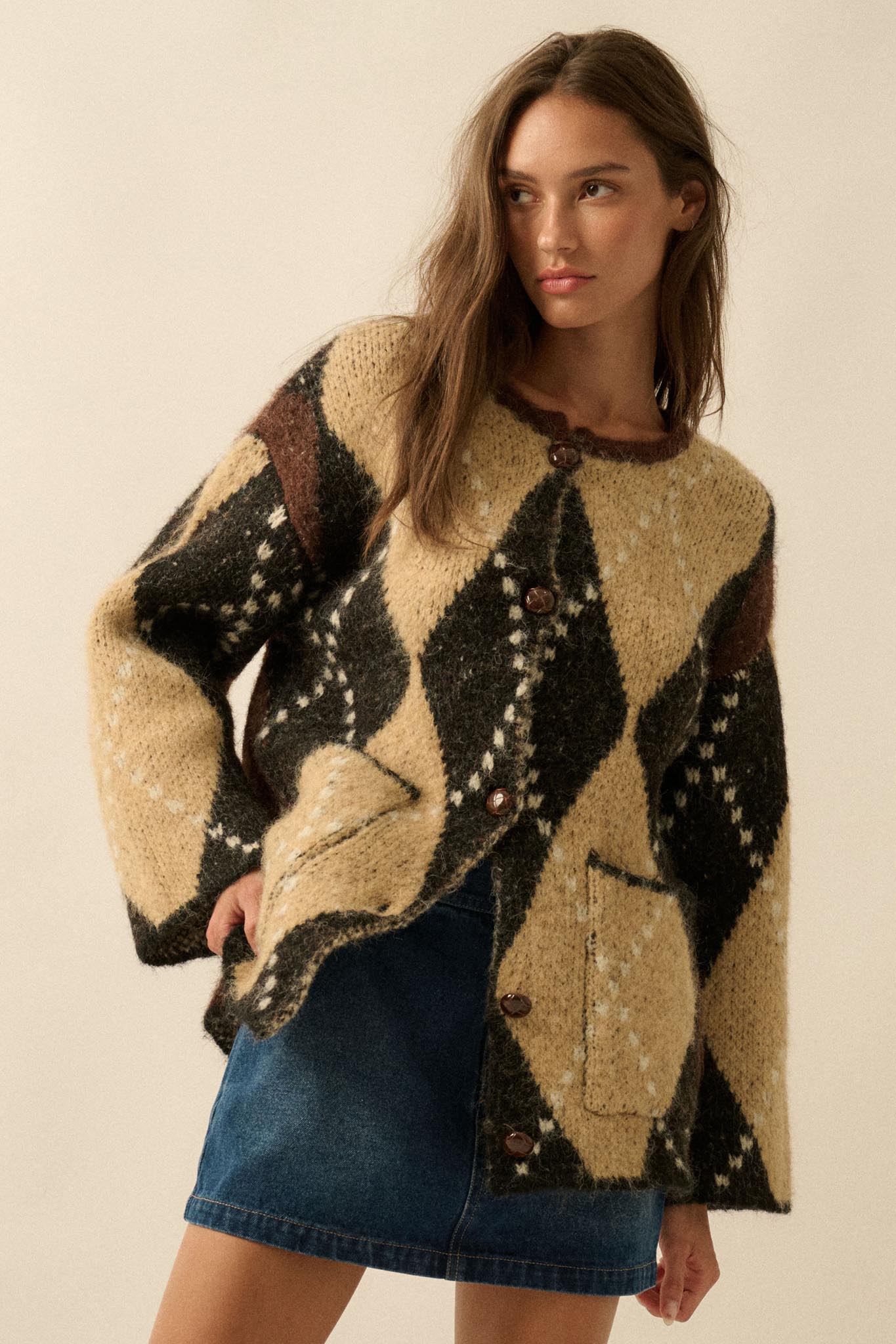 Cross Country Fuzzy-Knit Argyle Pocket Cardigan