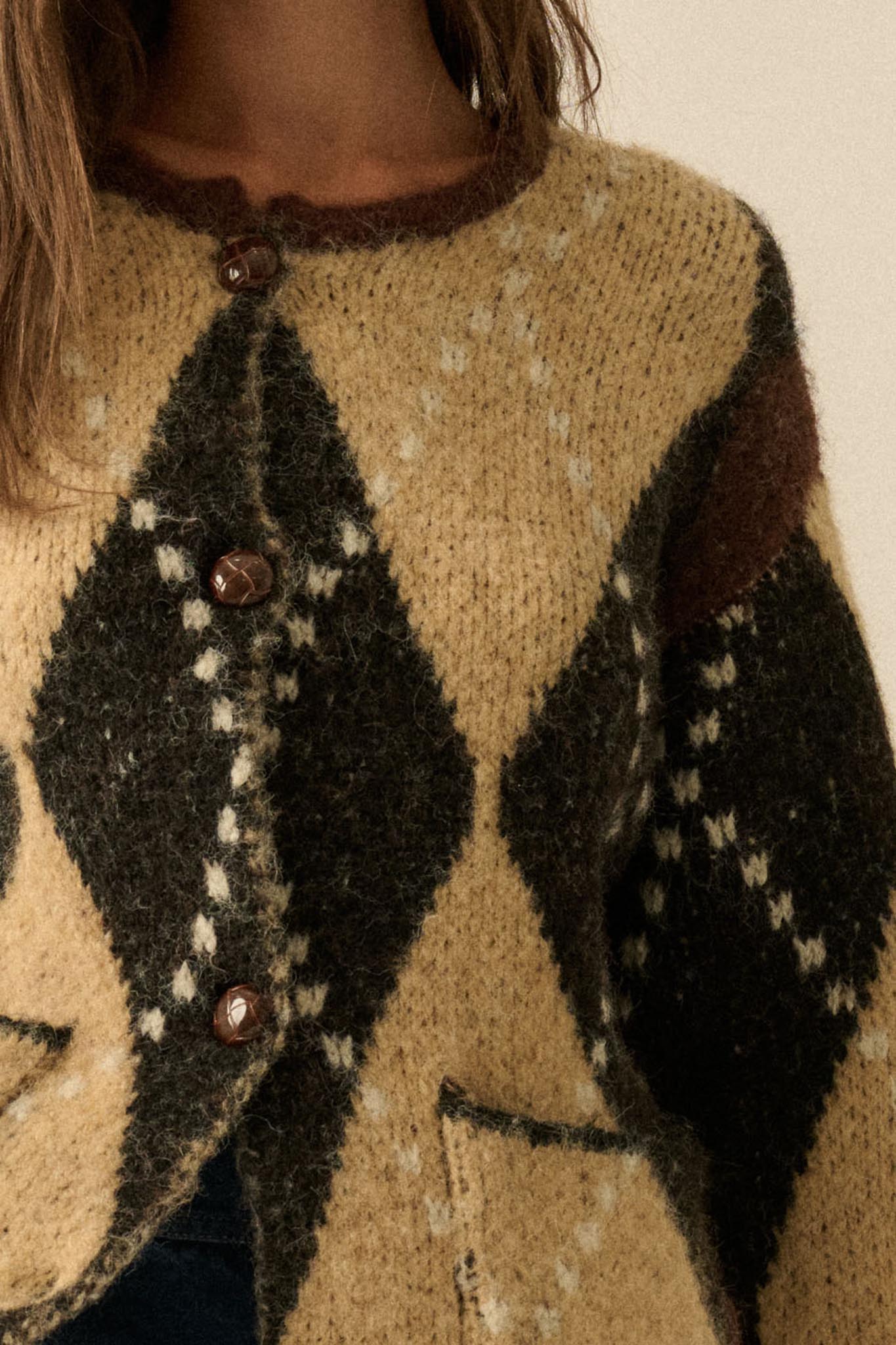Cross Country Fuzzy-Knit Argyle Pocket Cardigan