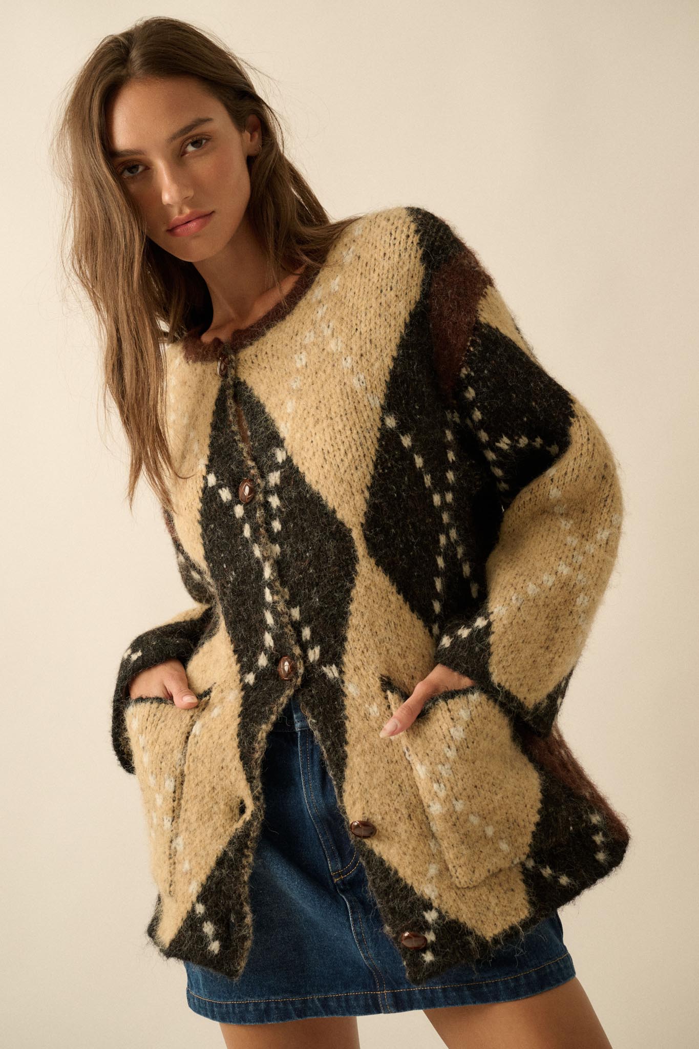 Cross Country Fuzzy-Knit Argyle Pocket Cardigan