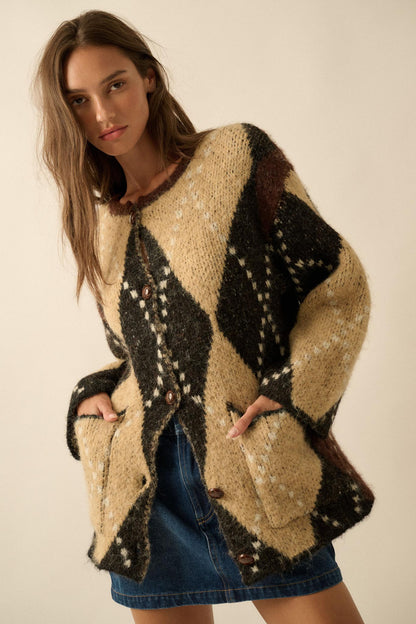 Cross Country Fuzzy-Knit Argyle Pocket Cardigan
