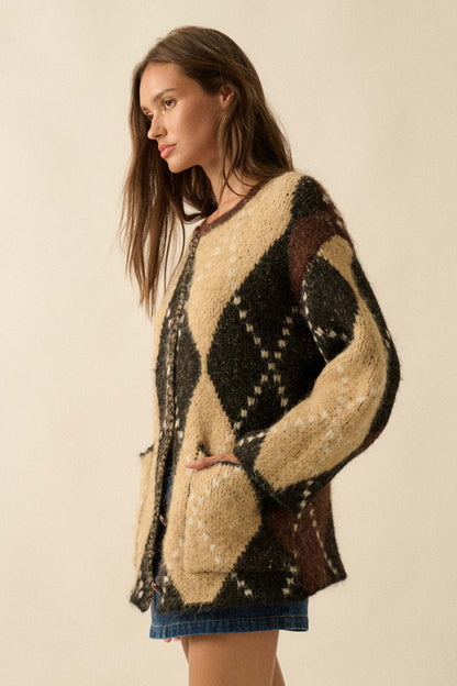 Cross Country Fuzzy-Knit Argyle Pocket Cardigan