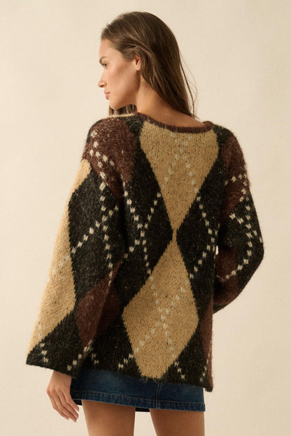 Cross Country Fuzzy-Knit Argyle Pocket Cardigan
