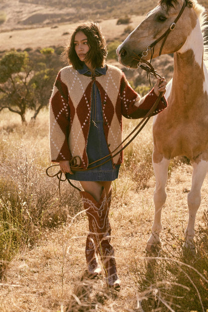 Cross Country Fuzzy-Knit Argyle Pocket Cardigan