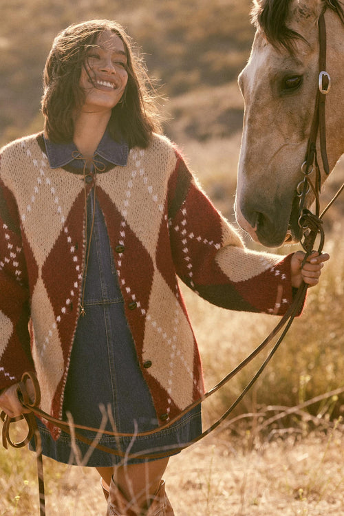 Cross Country Fuzzy-Knit Argyle Pocket Cardigan