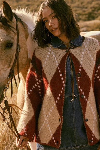 Cross Country Fuzzy-Knit Argyle Pocket Cardigan