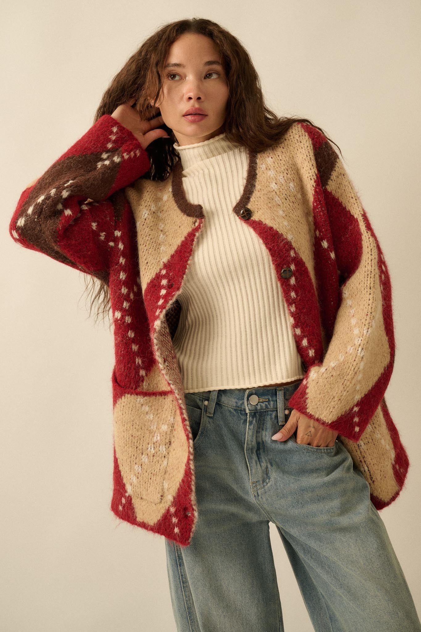 Cross Country Fuzzy-Knit Argyle Pocket Cardigan