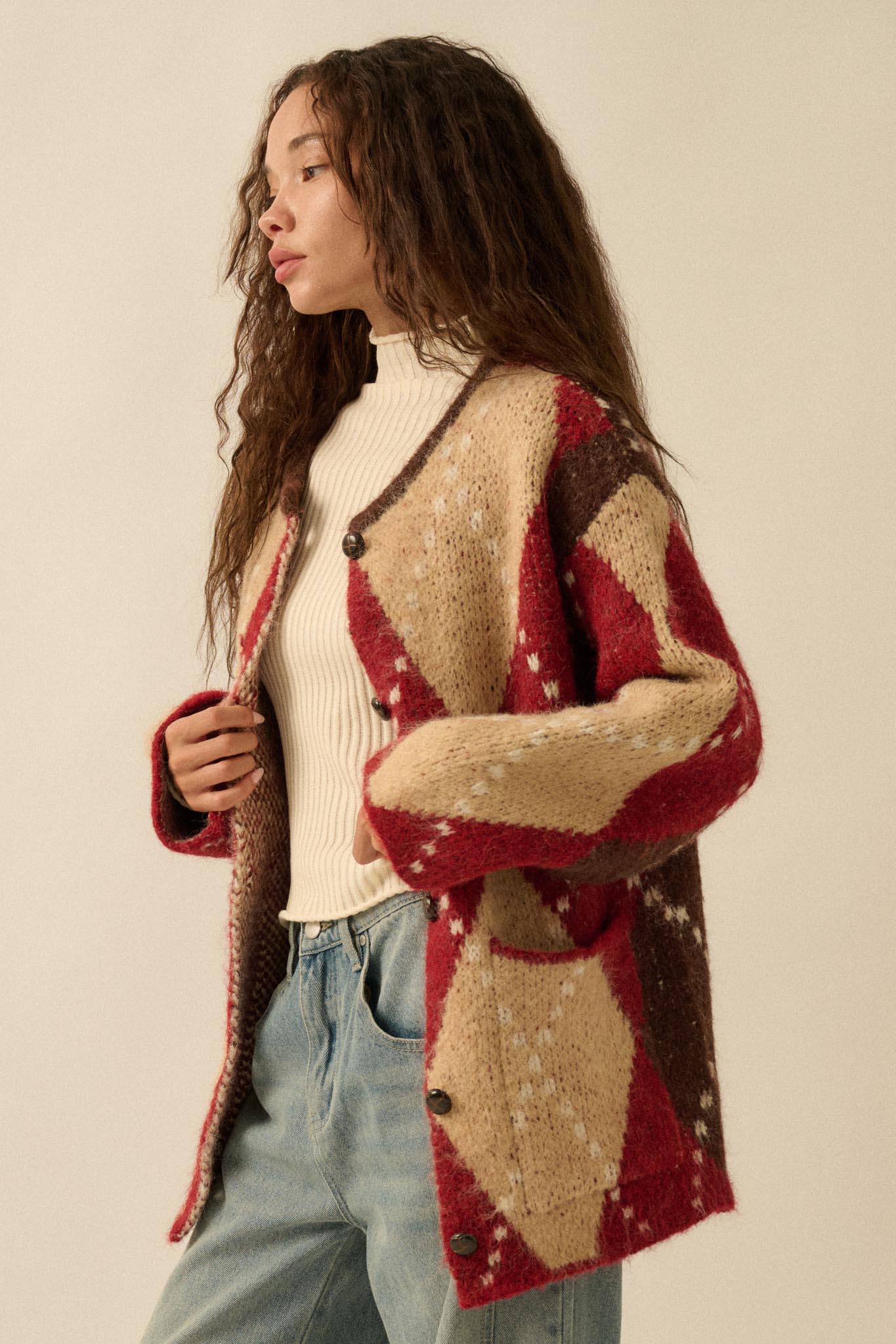 Cross Country Fuzzy-Knit Argyle Pocket Cardigan
