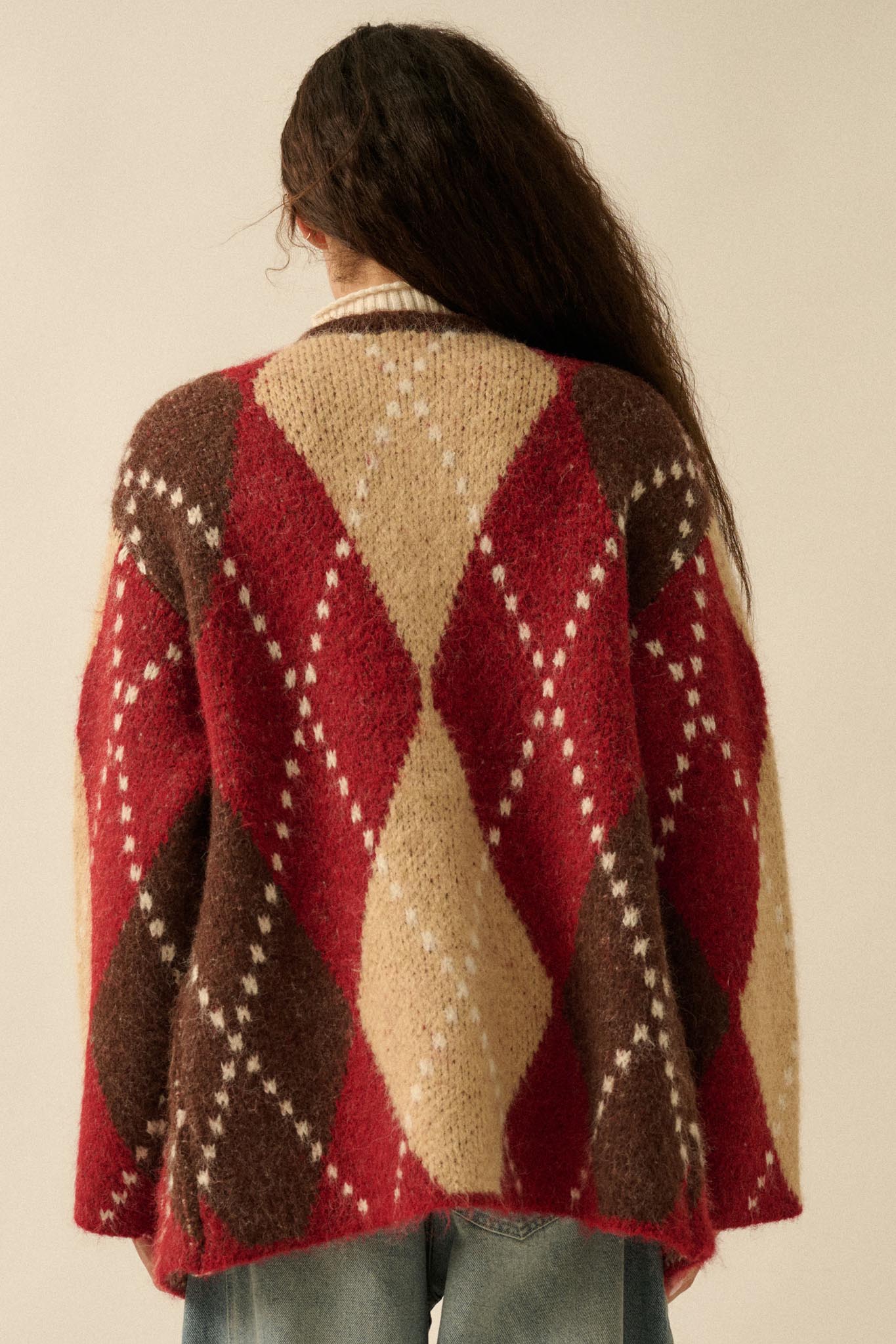 Cross Country Fuzzy-Knit Argyle Pocket Cardigan