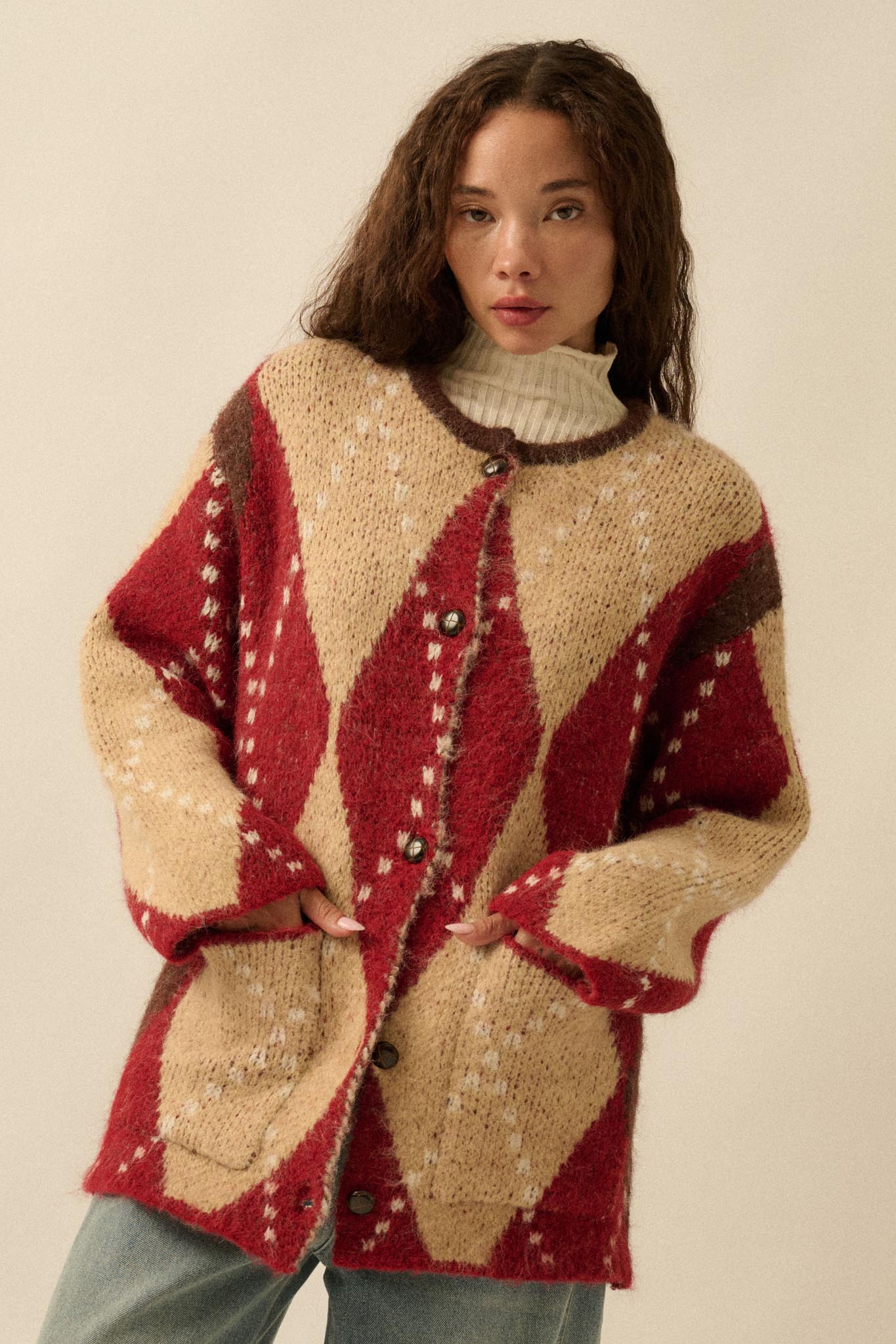 Cross Country Fuzzy-Knit Argyle Pocket Cardigan